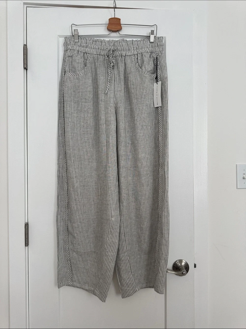 NWT! ✨ Striped Linen-Blend Barrel Leg Drawstring Pants - Picture 1 of 8